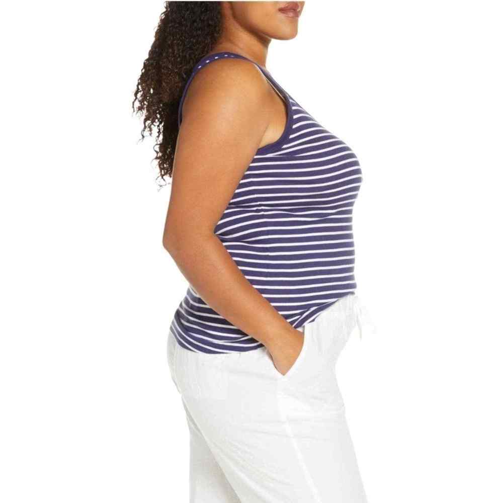 Caslon Melody Navy & White Nina Striped Scoop Neck Tank Cotton Women's Large L - Picture 2 of 6